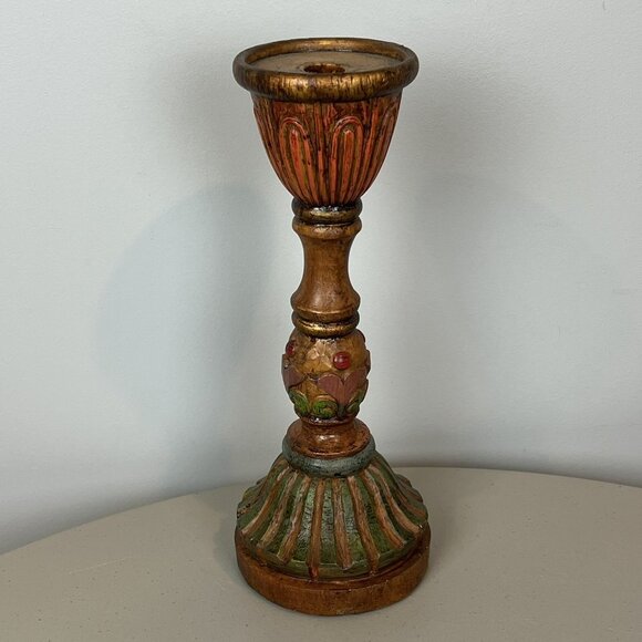 Carved Candle Holder Colorful Wood Slight Gold Tones 12” - Picture 1 of 12
